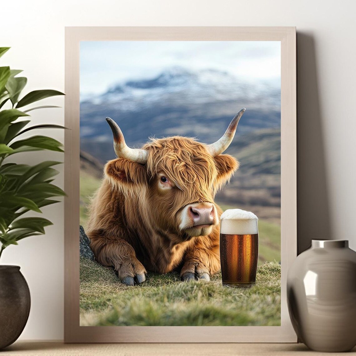 Highland Cow Drinking Beer, Funny Animal Poster