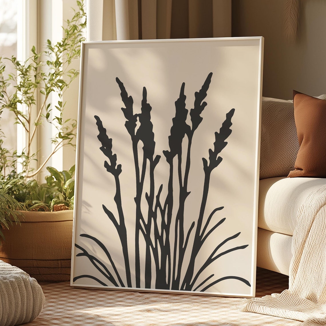 Black Wildflower and Lavender Silhouettes Minimal Grass Poster