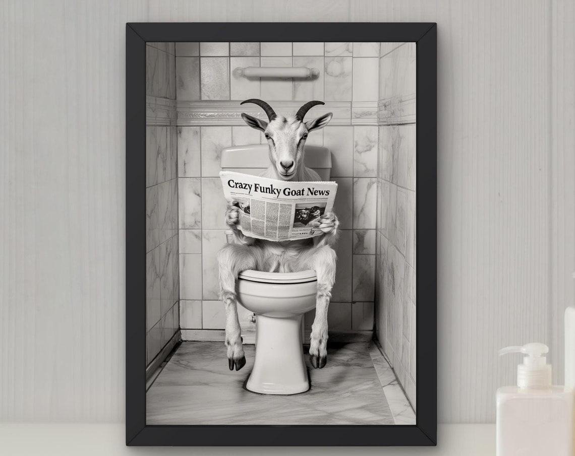 Goat Reading a Newspaper on the Toilet Funny Bathroom Poster