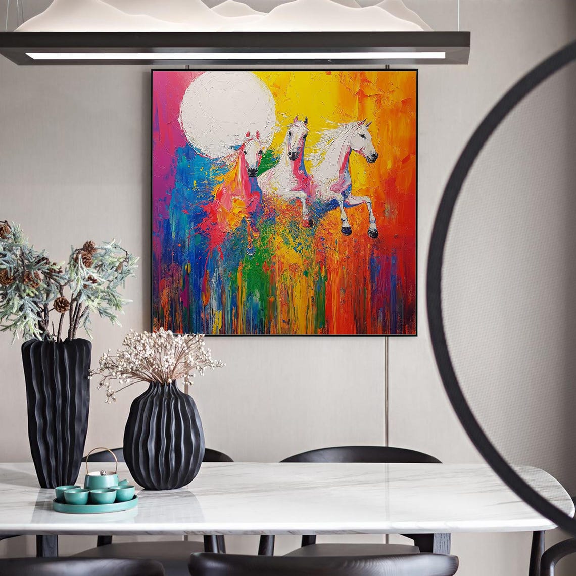 Three White Horses Galloping Rainbow Impasto Abstract Animal Poster - Image 2