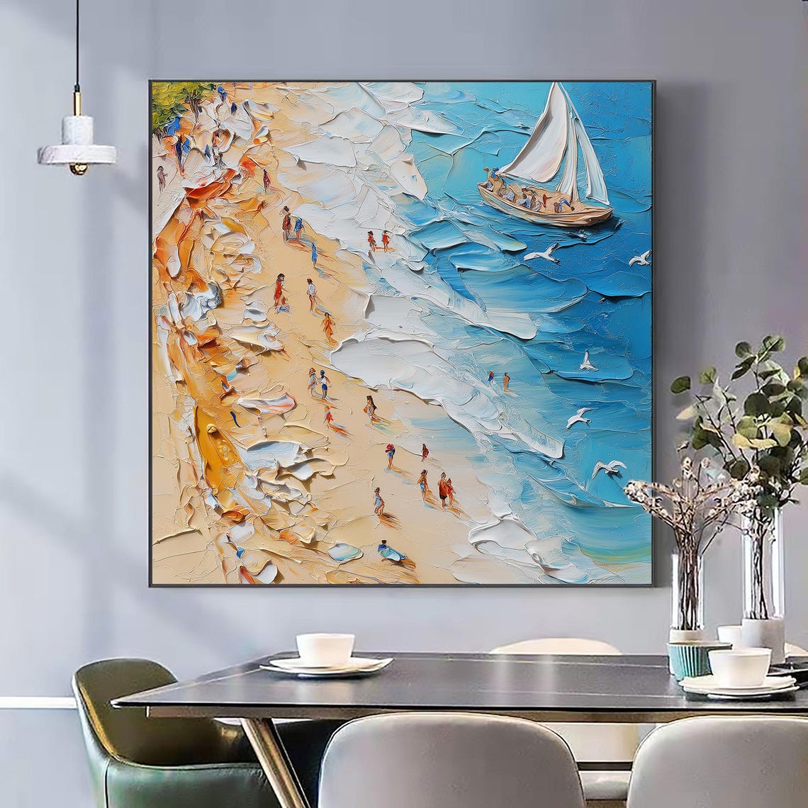 Aerial Beach Crowd Sailboat Turquoise Sea Impasto Coastal Art Poster - Image 2