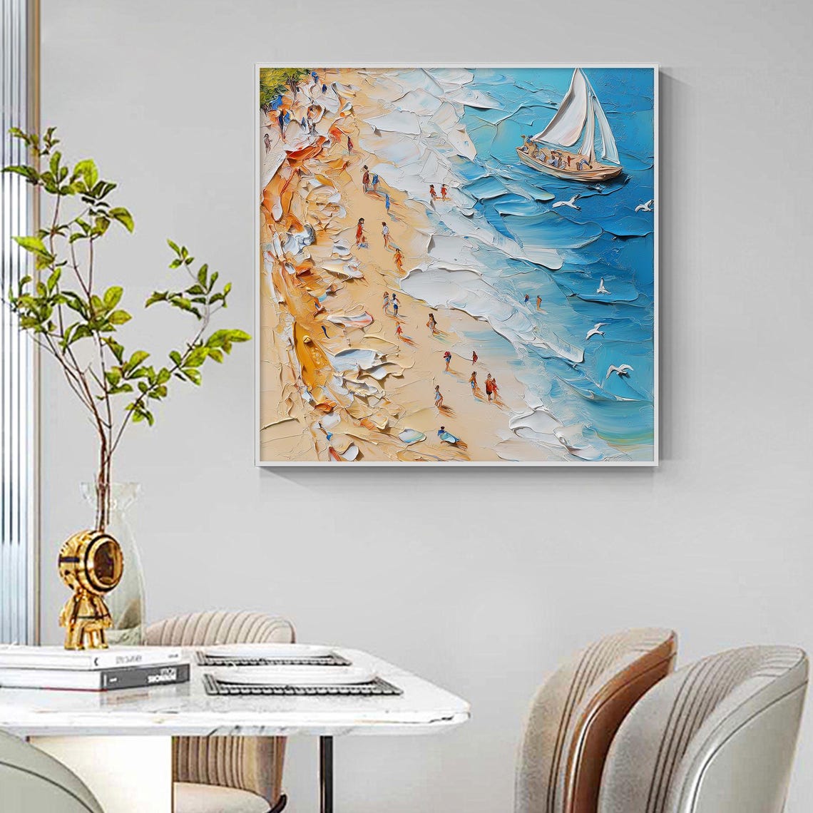 Aerial Beach Crowd Sailboat Turquoise Sea Impasto Coastal Art Poster - Image 5