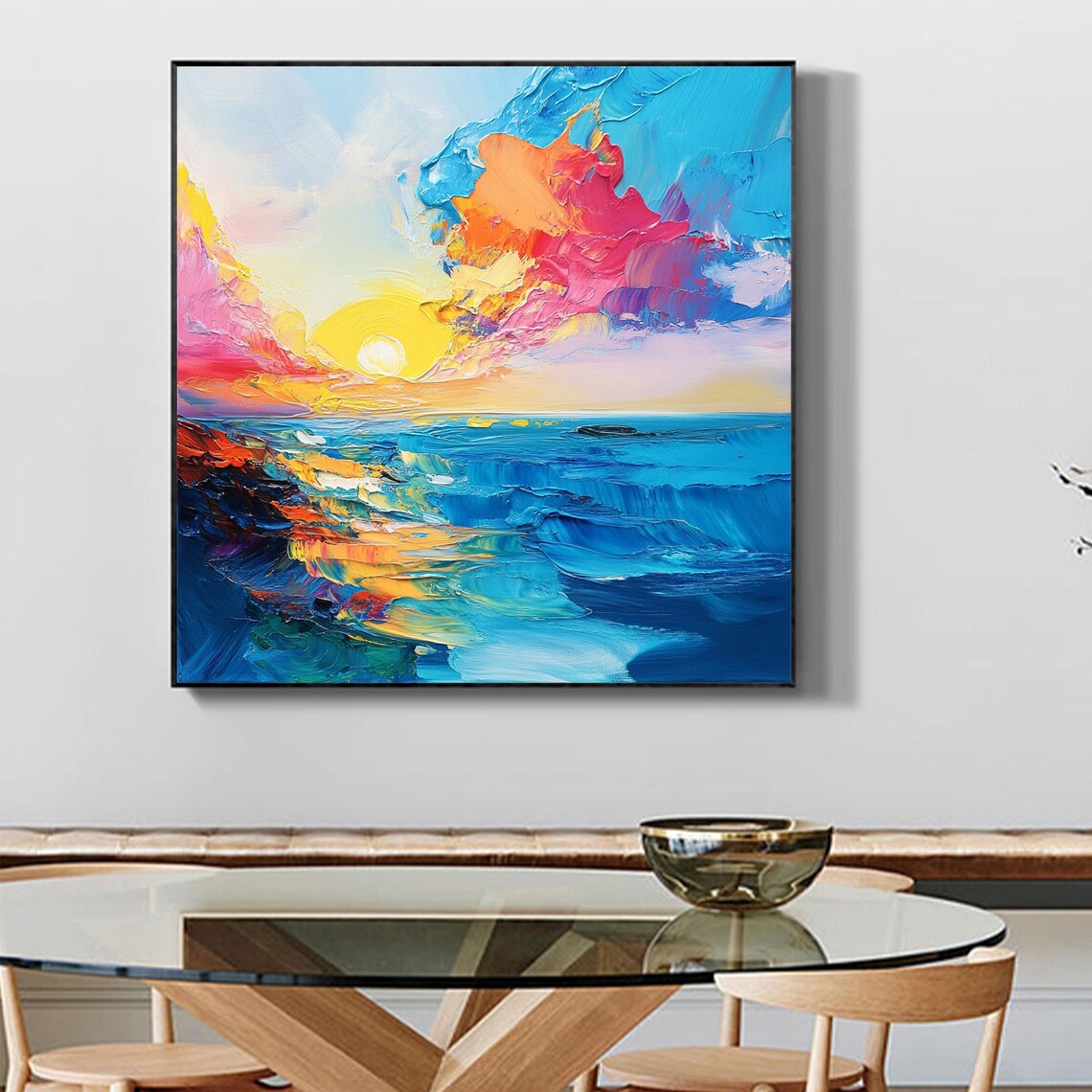 Ocean Sunrise Pink Clouds Blue Sea Impasto Colorful Seascape Poster - Image 3