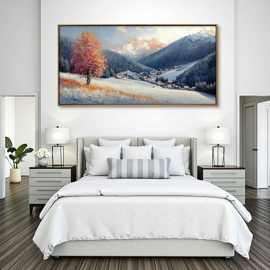 Snowy Mountain Village Red Tree Winter Landscape Impasto Art Poster - Image 3