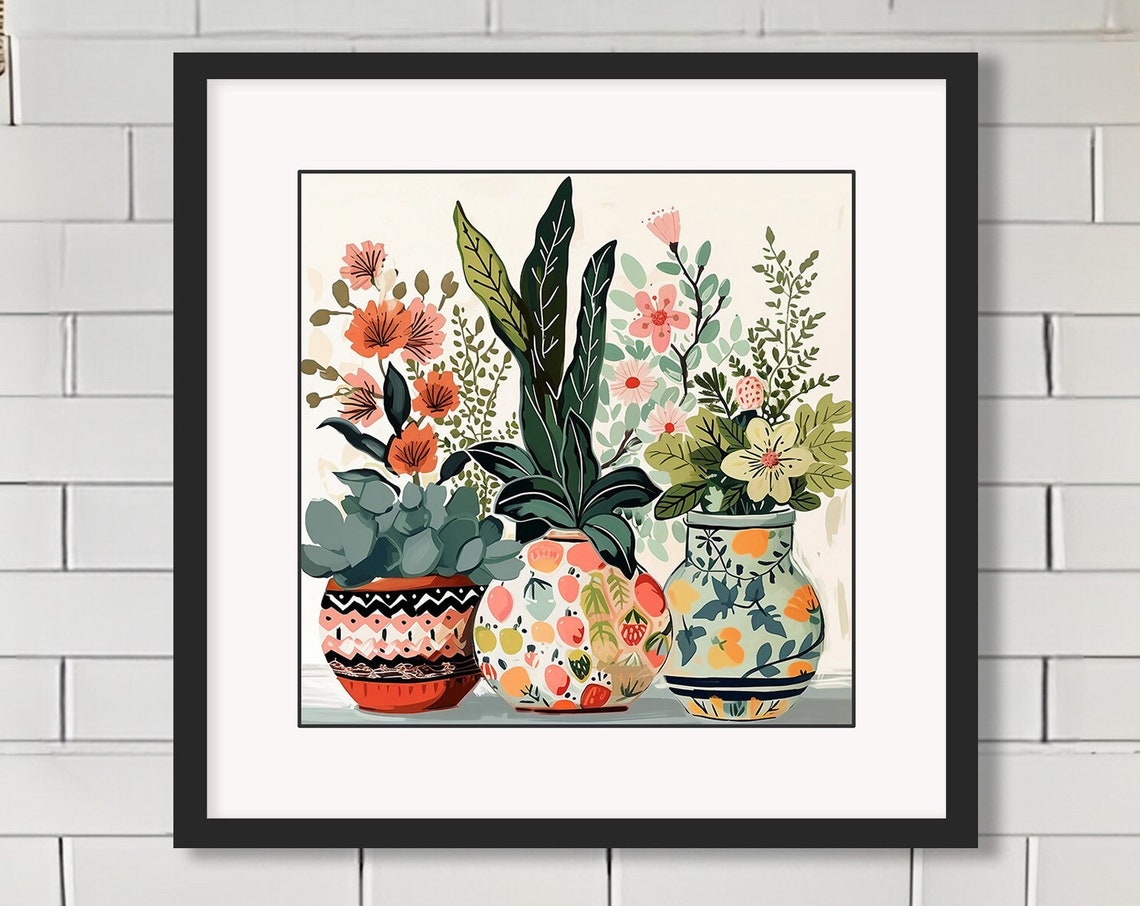 Folk Art Potted Plants Patterned Pots Pink Green Floral Wall Poster - Image 4