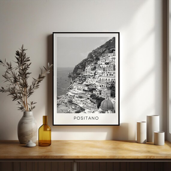 Positano Amalfi Coast Cliffside Village Black and White Travel Poster