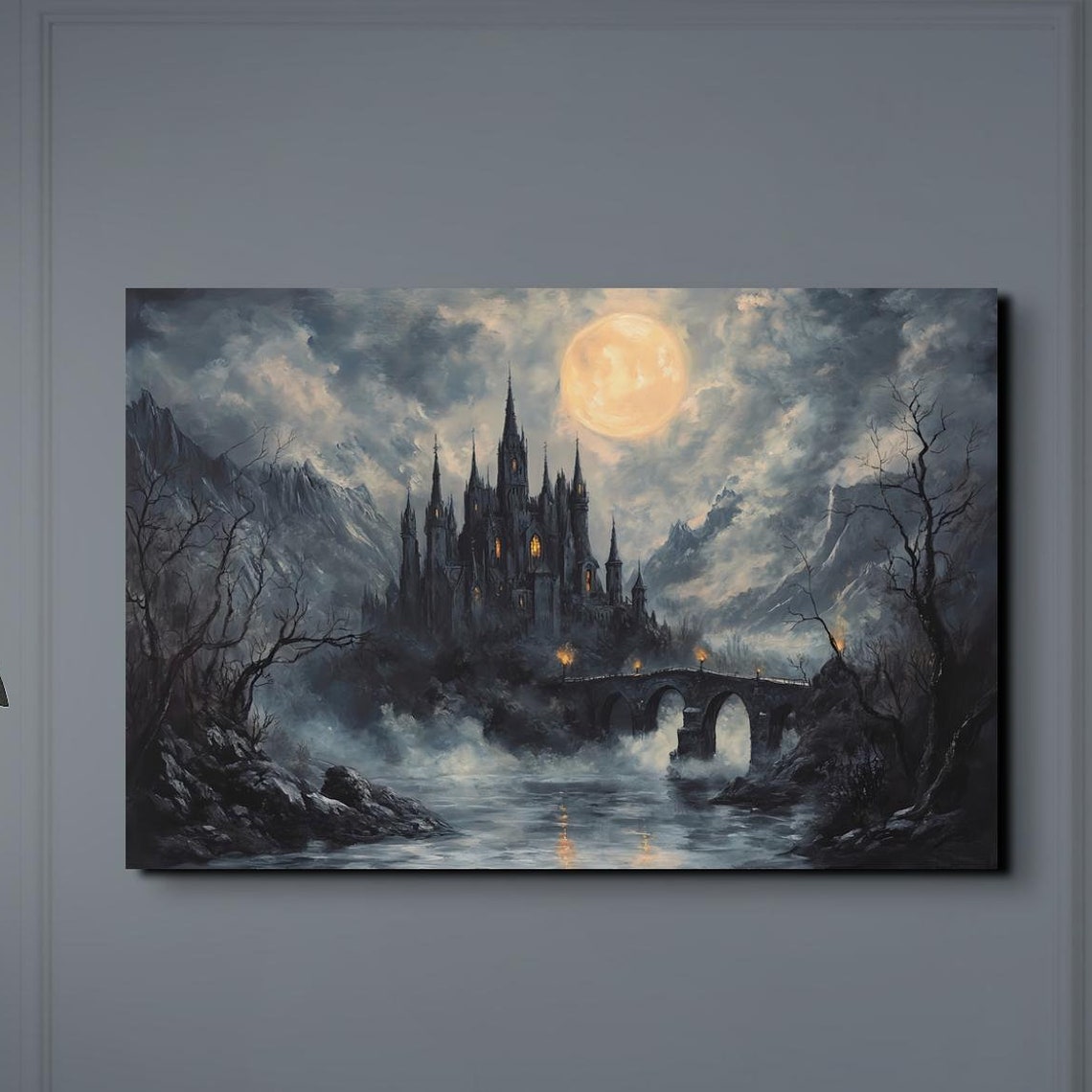 Golden Moon Gothic Castle With Torch Lit Stone Bridge Halloween Poster