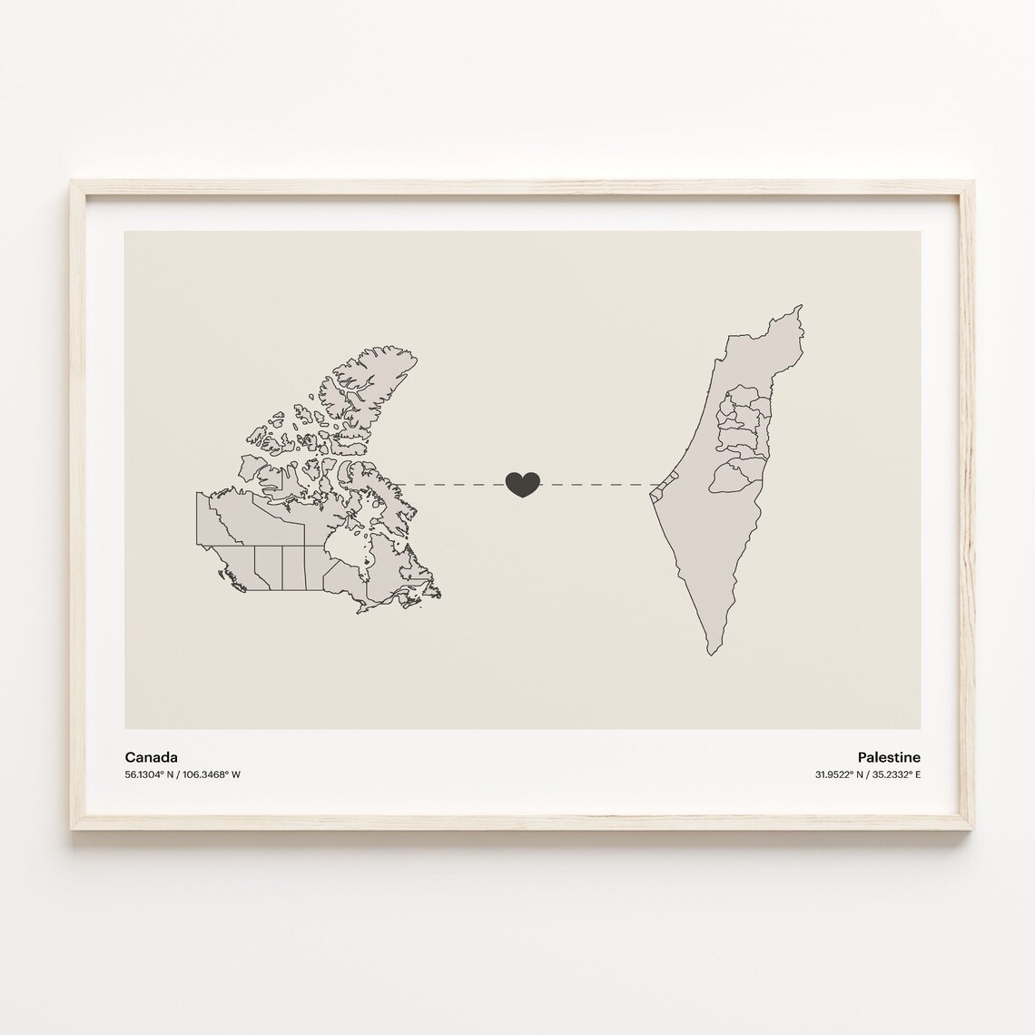 Canada To Palestine Minimalist Love Connection Map Travel Poster