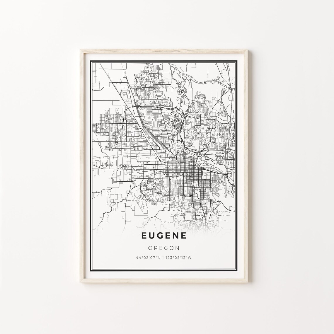 Eugene City Map Art Print, Modern Black and White