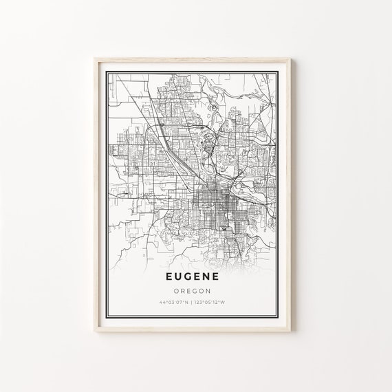 Eugene City Map Art Print, Modern Black and White