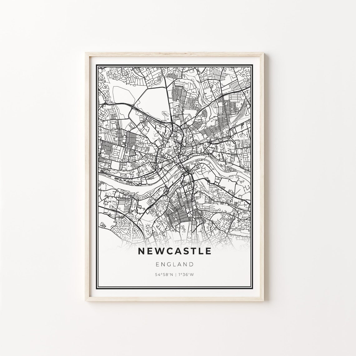 Newcastle England Modern Minimalist Black and White City Map Poster
