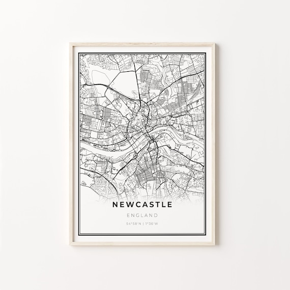 Newcastle England Modern Minimalist Black and White City Map Poster