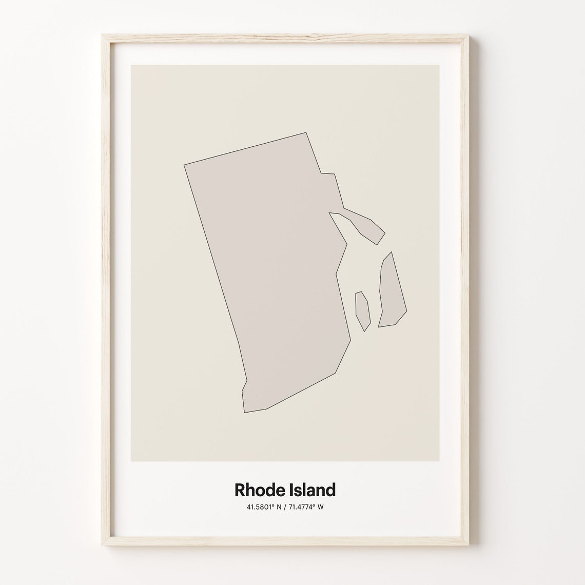 Rhode Island State Map Minimalist Beige Line Coordinates Poster