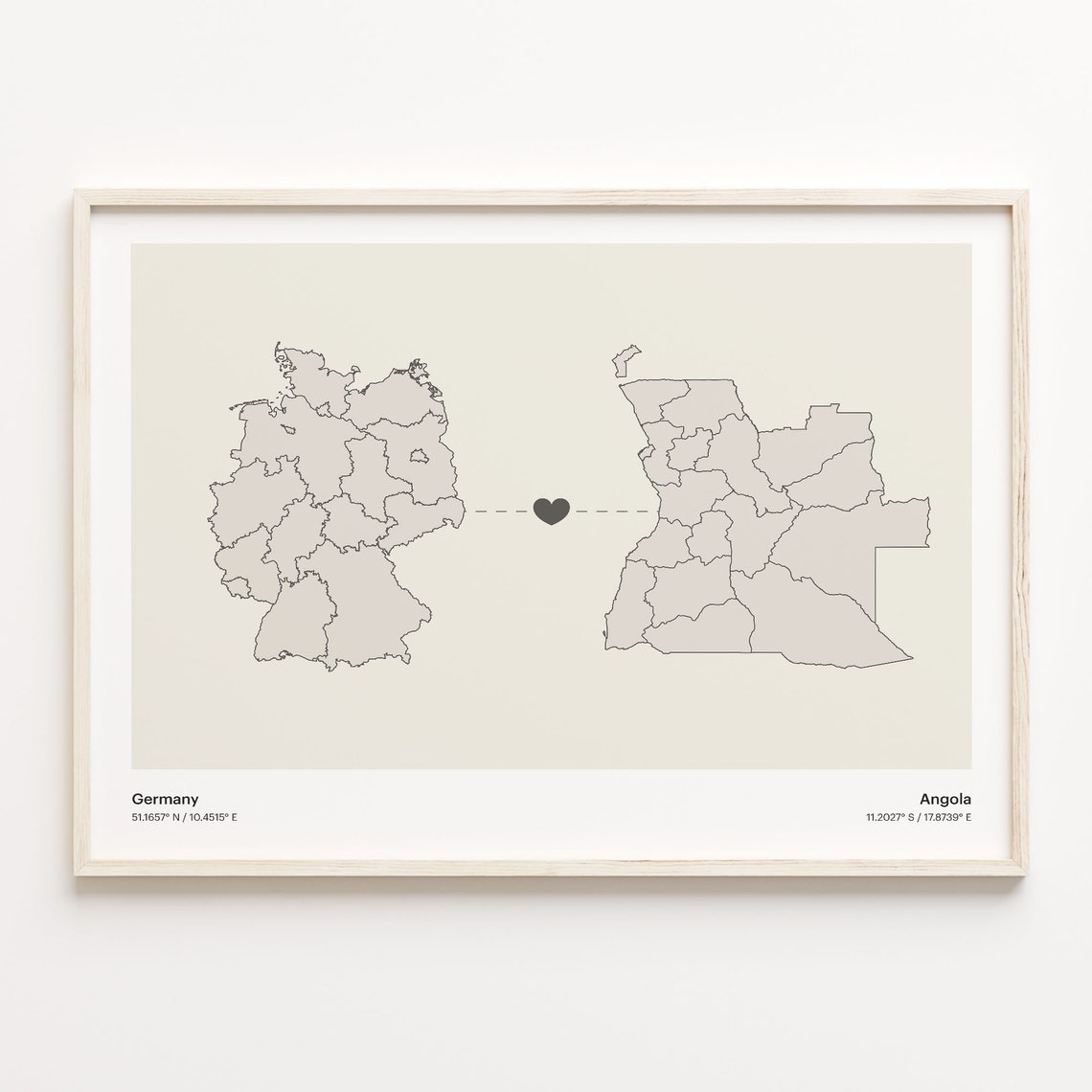 Germany Angola Long Distance Heart Connection Map Gift Poster