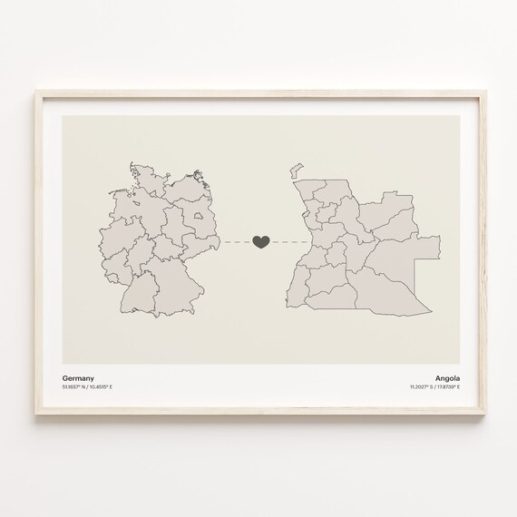 Germany Angola Long Distance Heart Connection Map Gift Poster