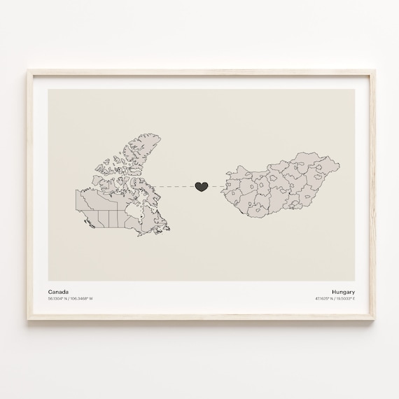 Canada Hungary Country Connection Heart Map Minimalist Art Poster