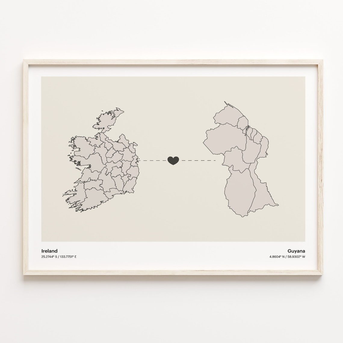 Ireland to Guyana Minimalist Heart Map Art Connection Poster