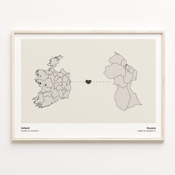 Ireland to Guyana Minimalist Heart Map Art Connection Poster