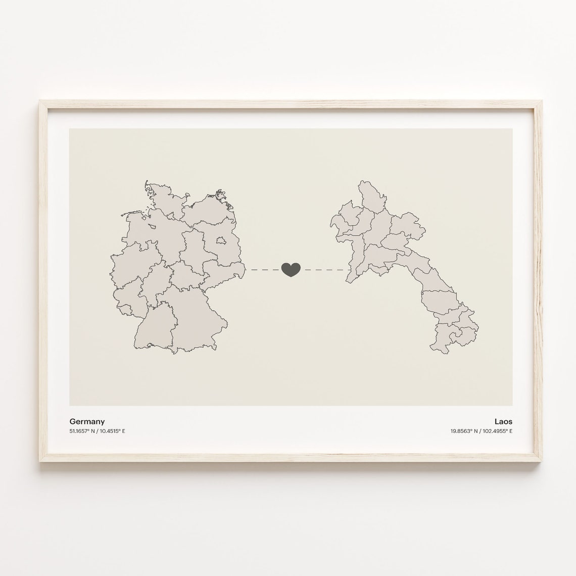 Germany To Laos Minimal Heart Country Connection Map Gift Poster