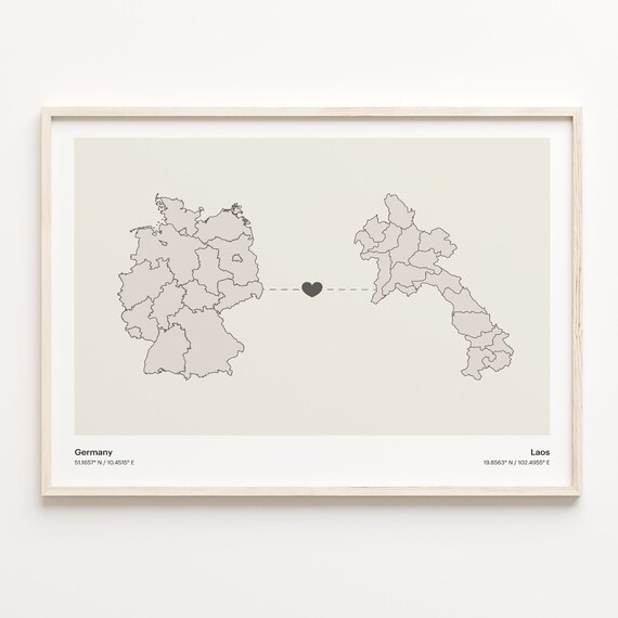 Germany To Laos Minimal Heart Country Connection Map Gift Poster