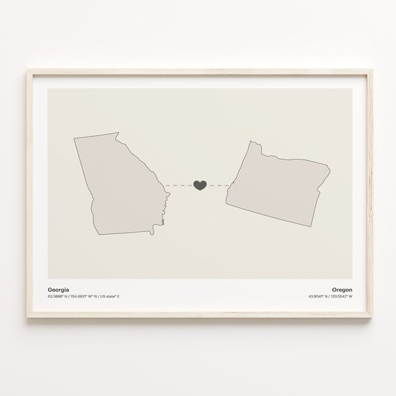 Georgia To Oregon Minimalist Heart State Map Connection Print
