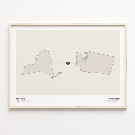 New York Washington Long Distance Love Connection Heart Map Poster