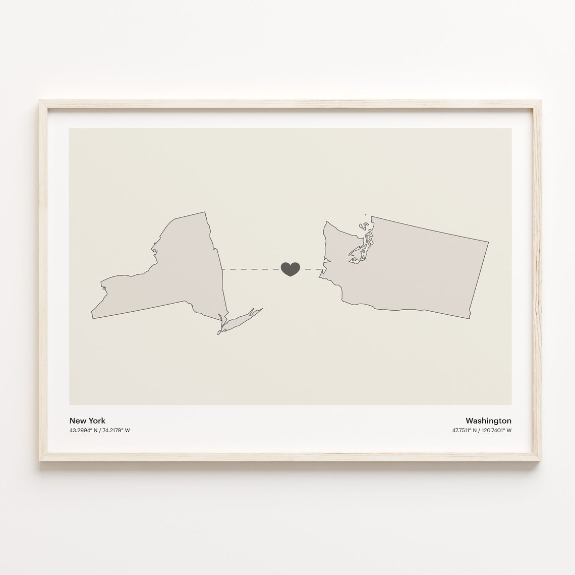 New York Washington Long Distance Love Connection Heart Map Poster