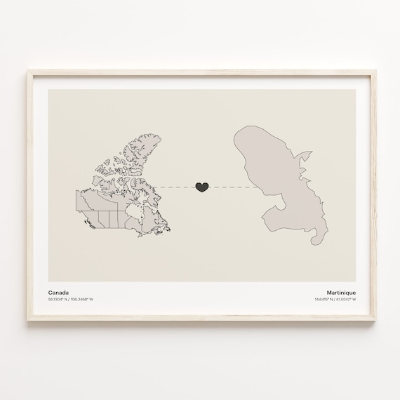 Canada Martinique Heart Connection Map Minimalist Long Distance Gift Poster