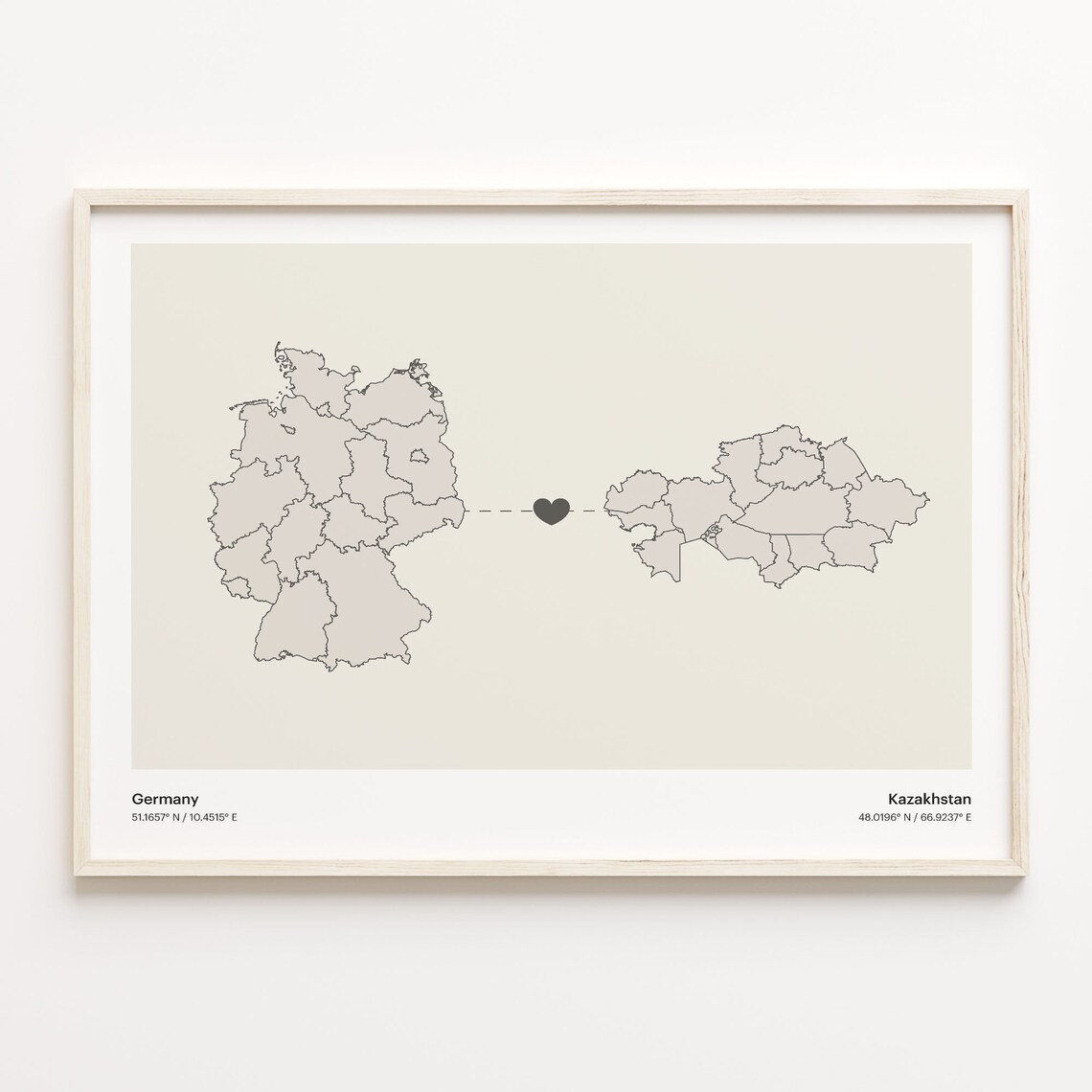 Germany to Kazakhstan Minimalist Long Distance Heart Connection Map Poster