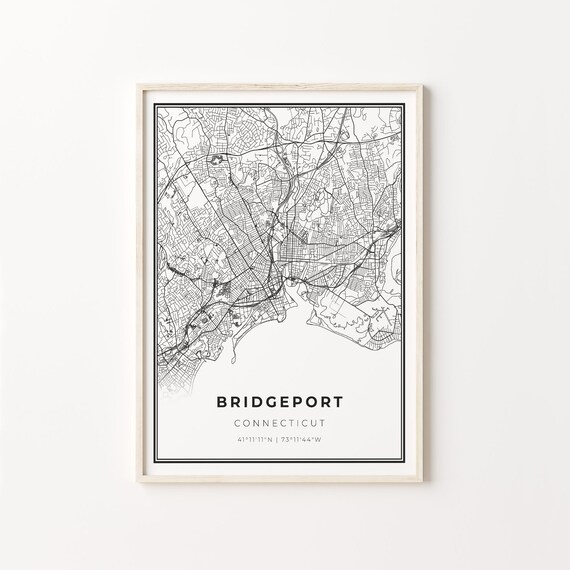 Bridgeport Connecticut Modern Minimalist Black White Street Map Poster