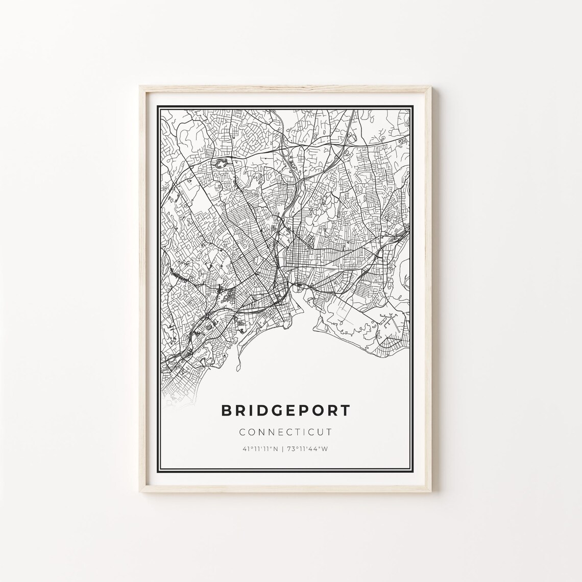 Bridgeport Connecticut Modern Minimalist Black White Street Map Poster