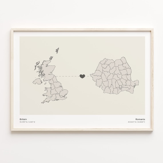 Britain to Romania Connection Map Poster Heart Between Two Nations