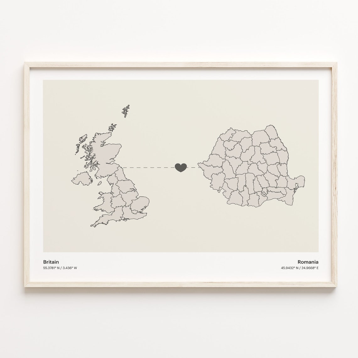 Britain to Romania Connection Map Poster Heart Between Two Nations