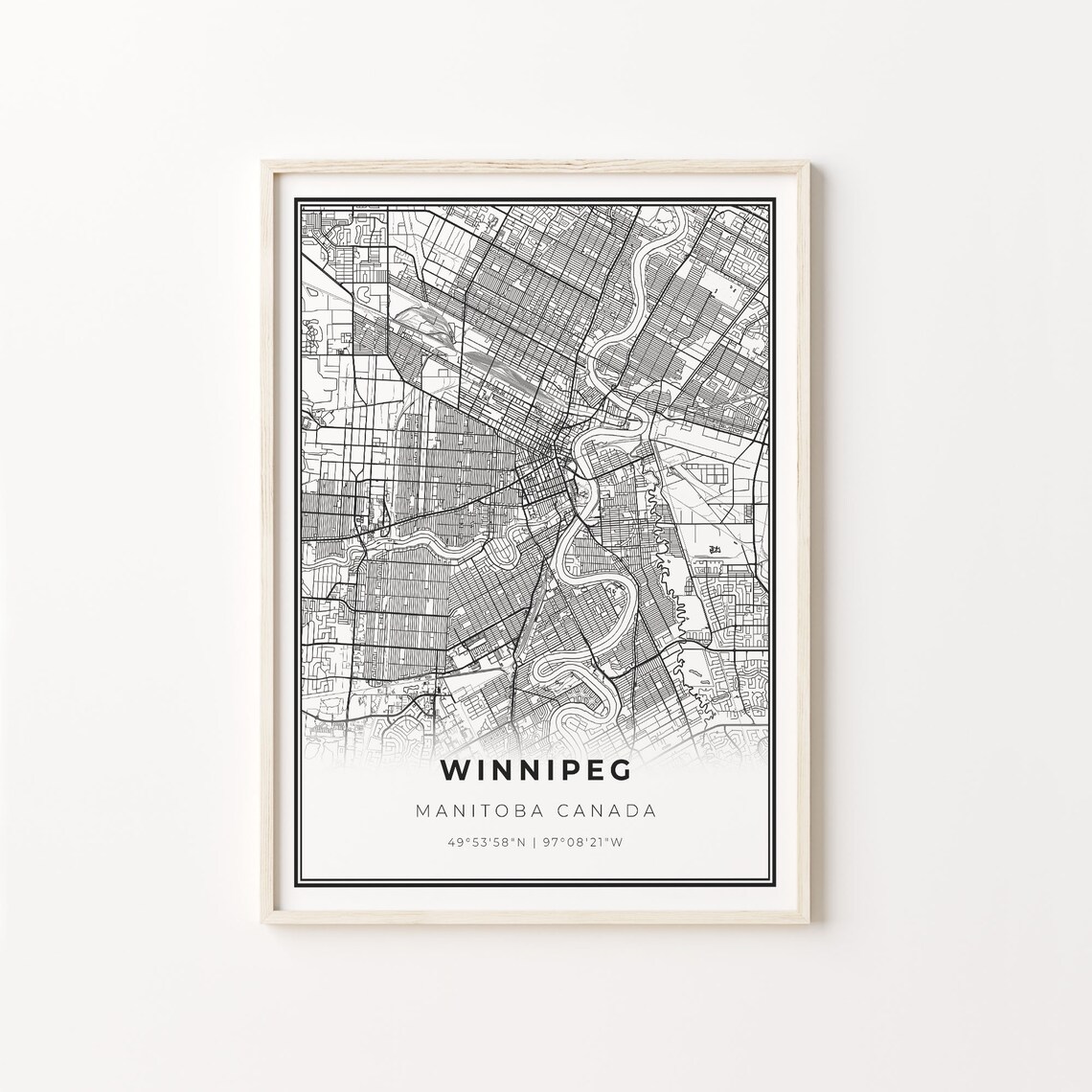 Winnipeg City Map, Modern Black and White Art Print