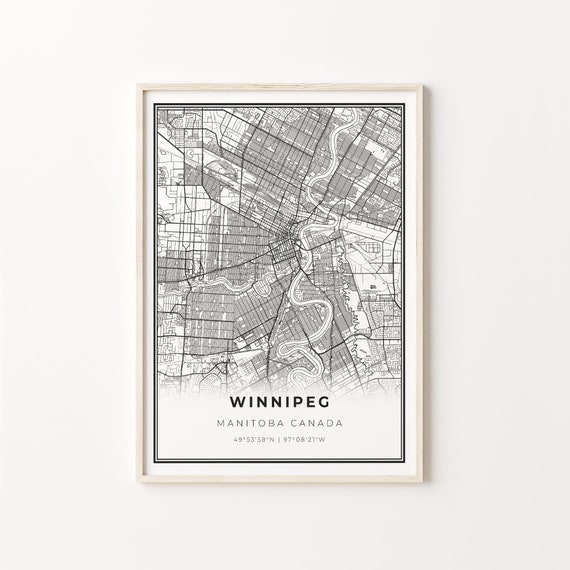 Winnipeg City Map, Modern Black and White Art Print