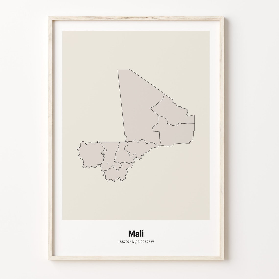 Mali Minimalist Country Outline Map Beige Coordinate Line Art Poster
