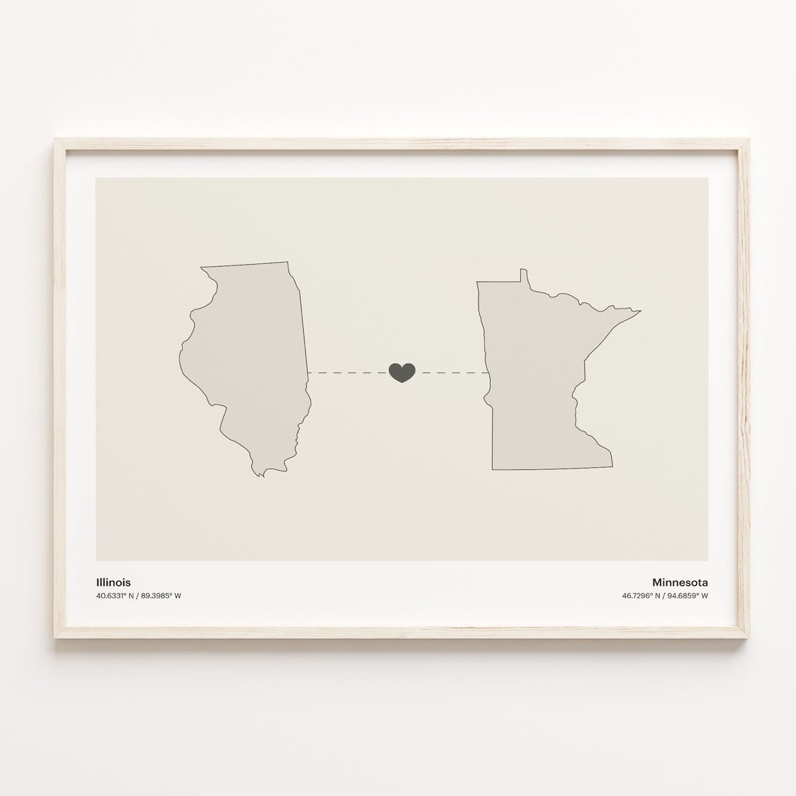 Illinois Minnesota Beige Minimalist Heart Connection Map Poster