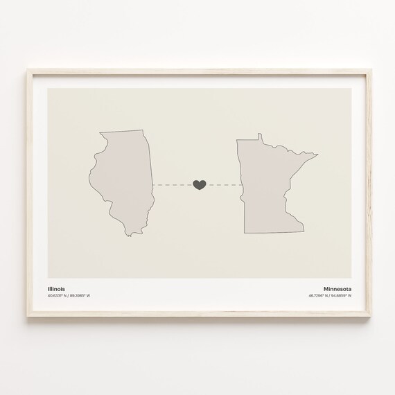 Illinois Minnesota Beige Minimalist Heart Connection Map Poster