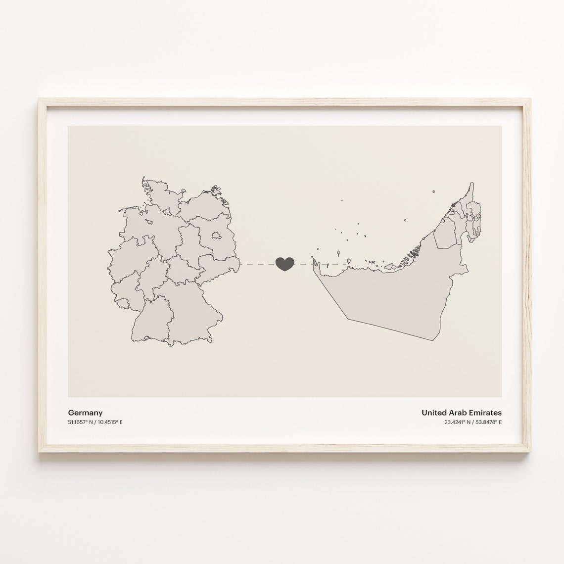 Germany to United Arab Emirates Heart Connection Minimalist Map Poster