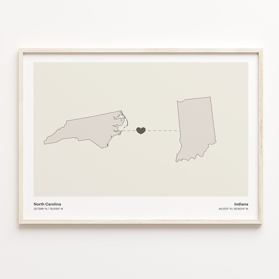 North Carolina To Indiana Heart Connection Minimalist Map Poster