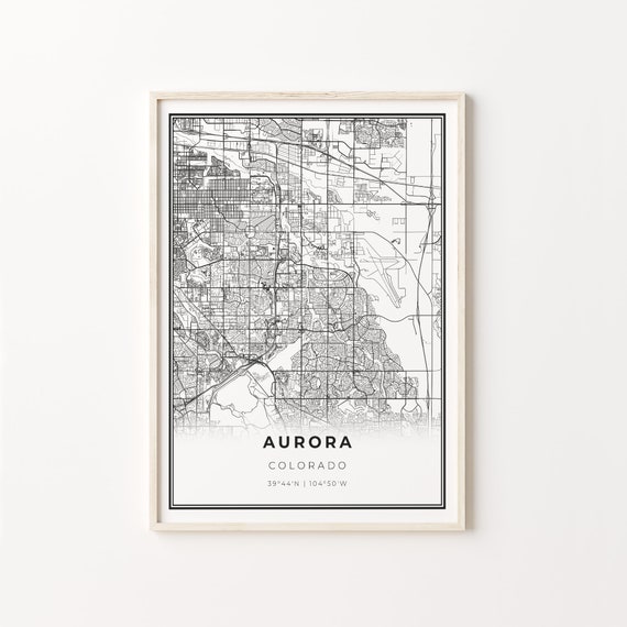 Aurora City Map Art Print, Black and White Style