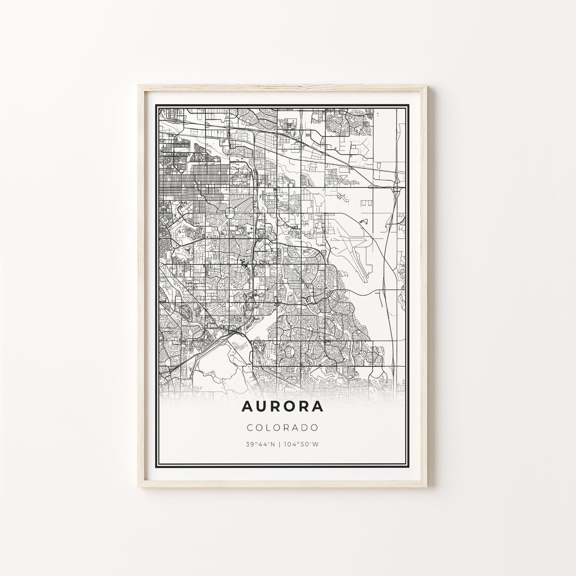 Aurora City Map Art Print, Black and White Style