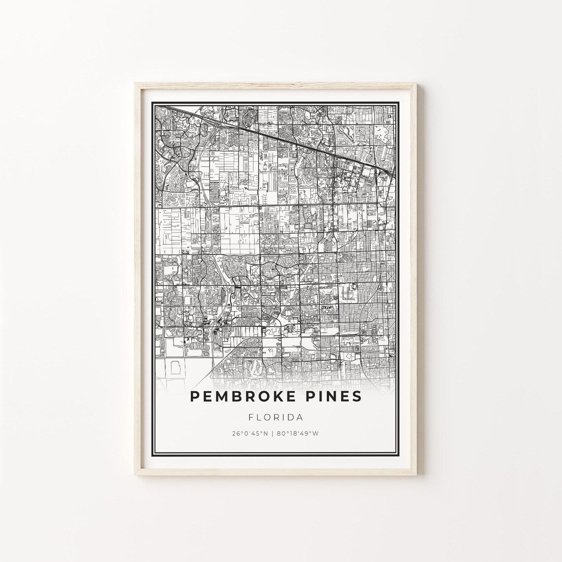 Pembroke Pines Florida Minimalist Modern Black And White City Map Poster