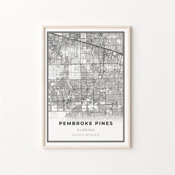 Pembroke Pines Florida Minimalist Modern Black And White City Map Poster
