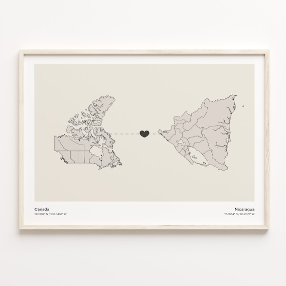 Canada to Nicaragua Heart Country Connection Minimalist Map Poster