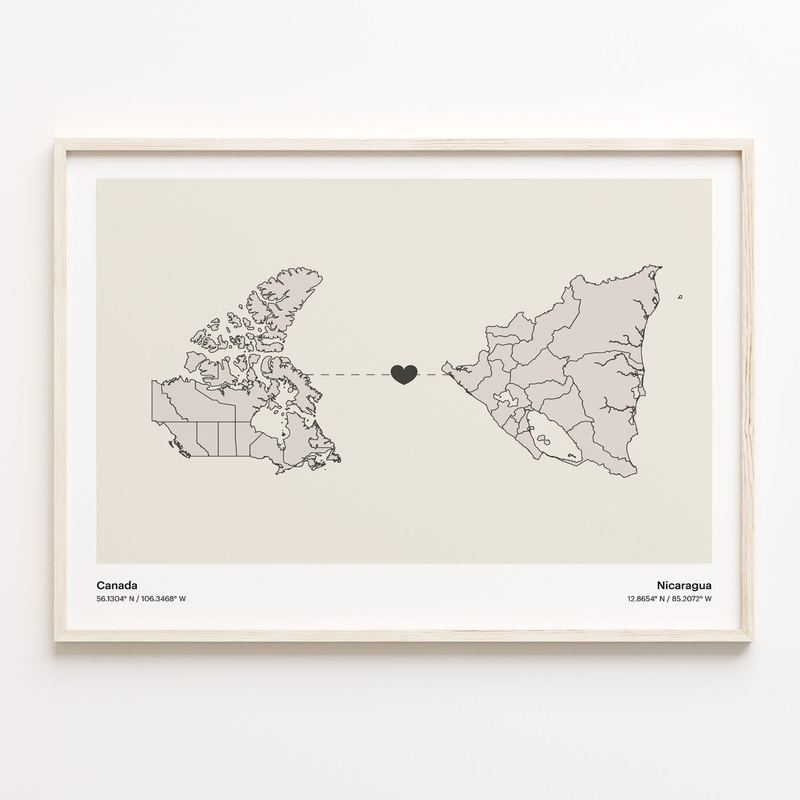 Canada to Nicaragua Heart Country Connection Minimalist Map Poster