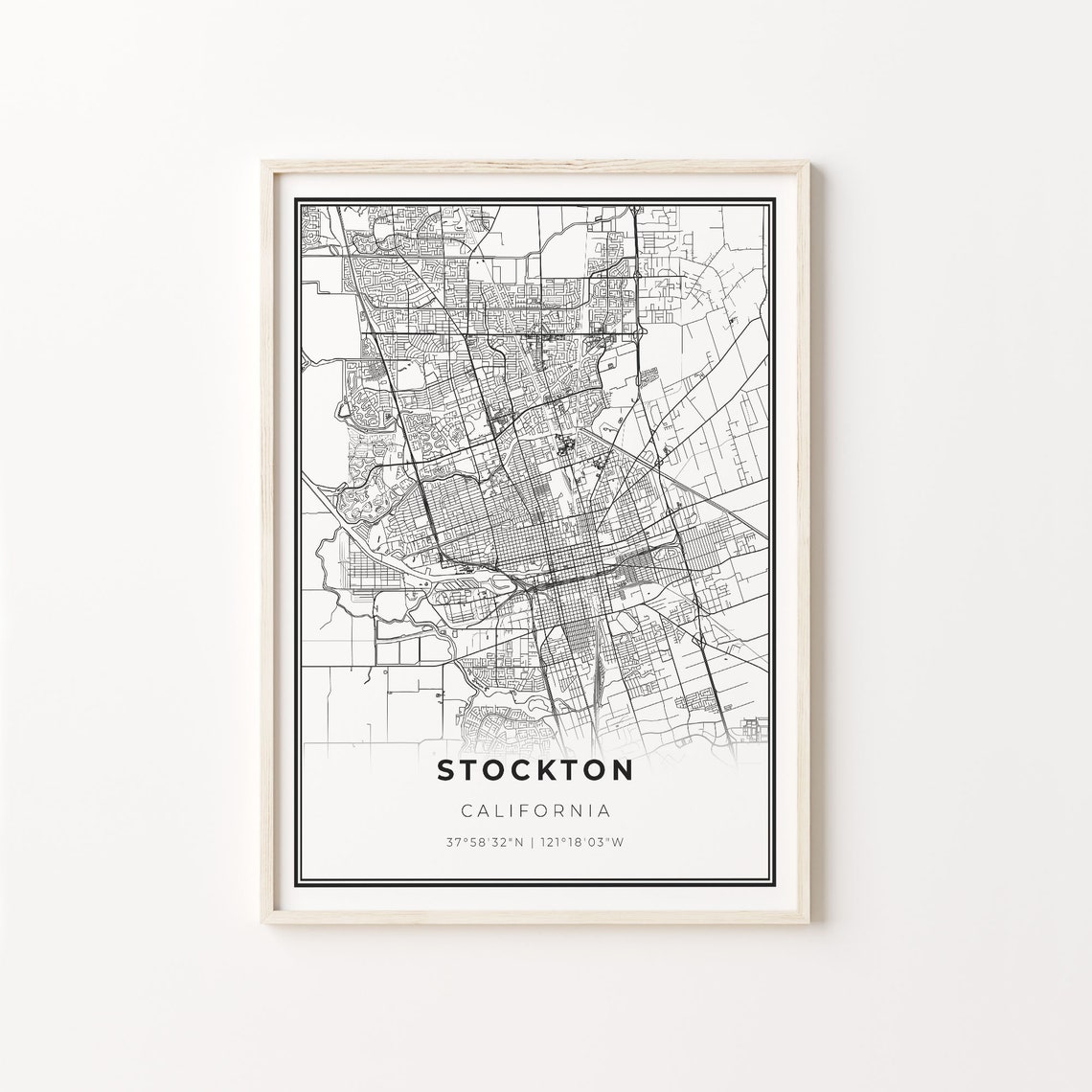 Stockton California Minimalist City Map Black and White Poster