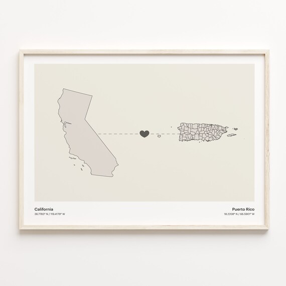 California Puerto Rico Minimalist Long Distance Heart Map Poster