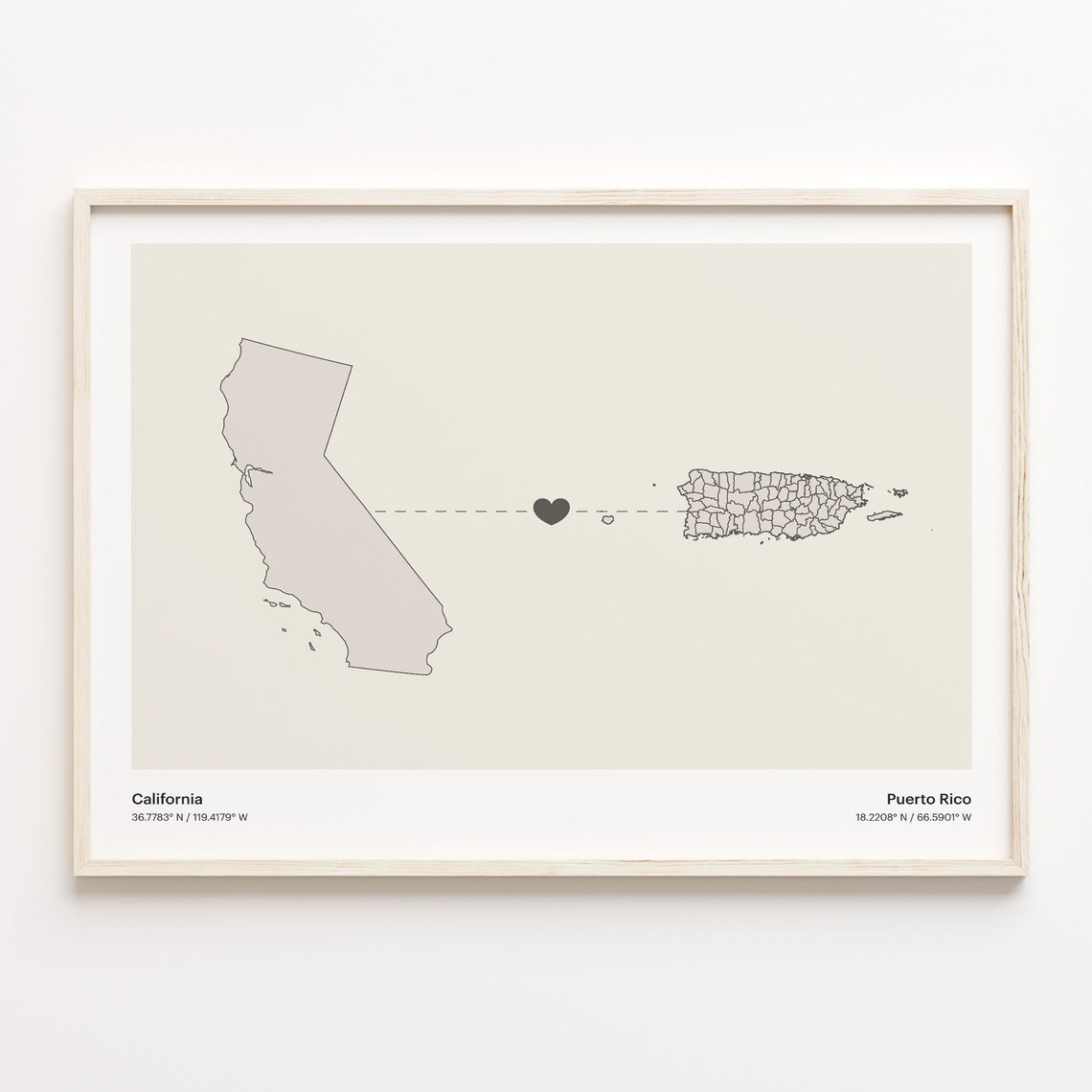 California Puerto Rico Minimalist Long Distance Heart Map Poster