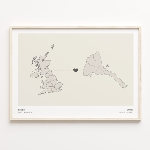 Britain To Eritrea Heart Connection Minimalist Map Art Print